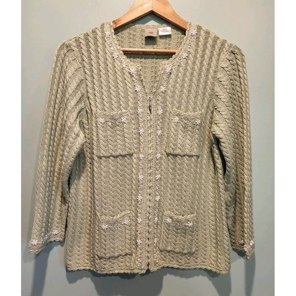 Itsu Lt Green Beaded Silk Blend Cableknit Zip Up Cardigan Sweater Sz L Pockets